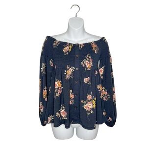 NWT Xhilaration Dark Floral Smocked Chest Babydoll Blouse